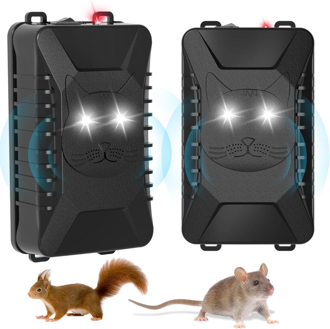 2 Pack Ultrasonic Rodent Repellent for Car Engines - Battery Operated Car Mouse Repellent Under Hood with Strobe Light, Keep Mice Away from Car Engines, Room, Indoors, Outdoors (Black-2 Pack)