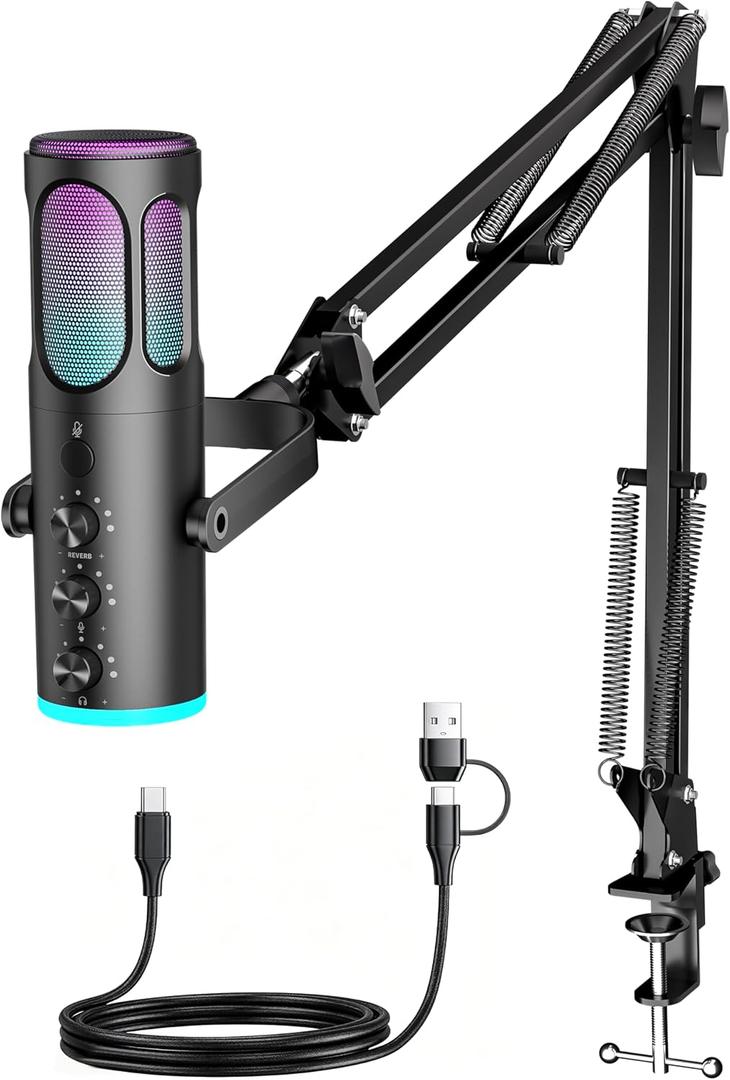 PUPGSIS Gaming Microphone for PC, USB Condenser Mic for PS4/5 and Mac, Noise Cancellation Computer Mic with Mute, Reverb, Adjustable Boom Arm, Pop Filter for Streaming/Podcasting/Recording/YouTube