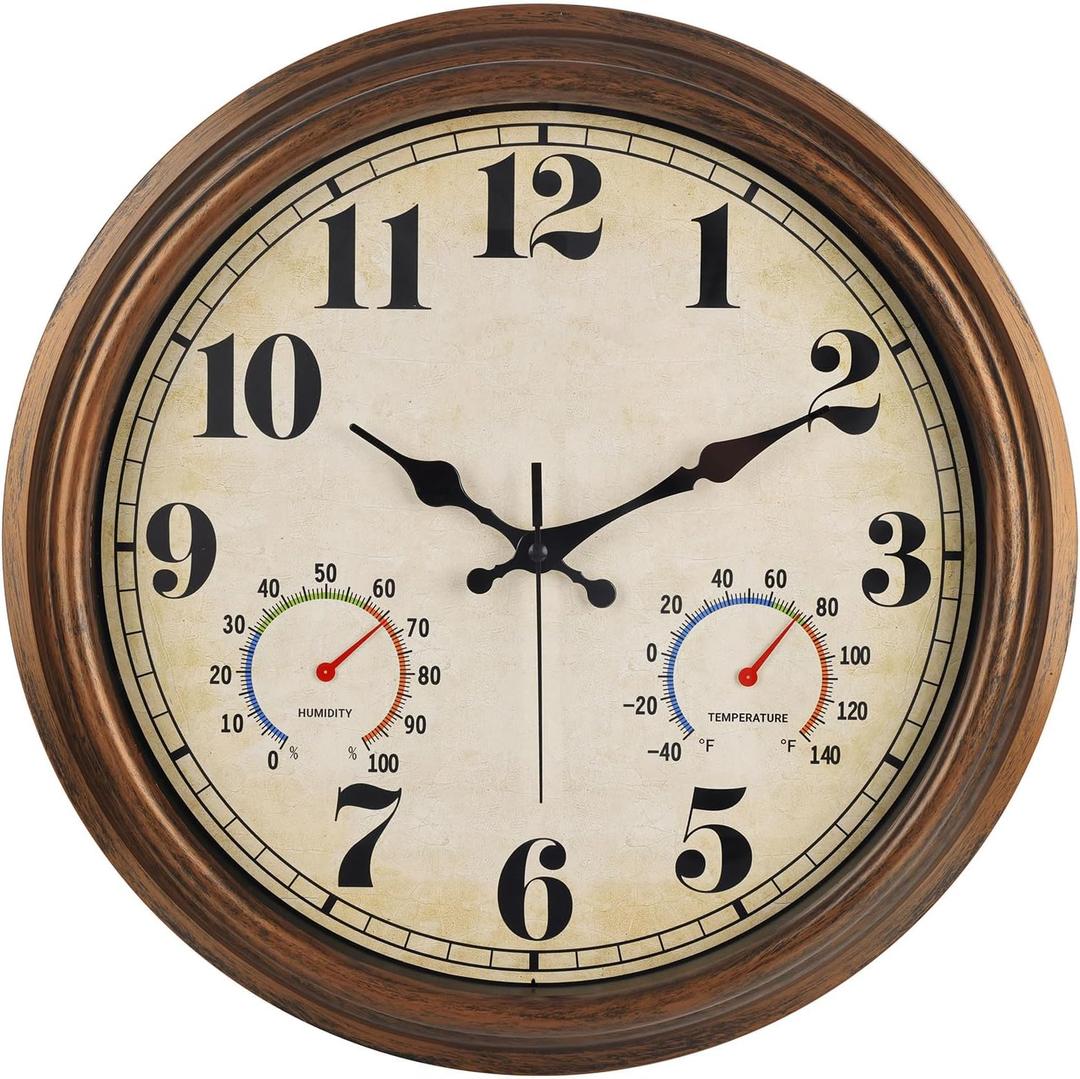 45MinST 16 Inch Bronze Vintage Large Indoor/Outdoor Waterproof Wall Clock with Thermometer & Hygrometer, Silent Non-Ticking Quartz Timepiece for Home, Porch, Garden,Pool