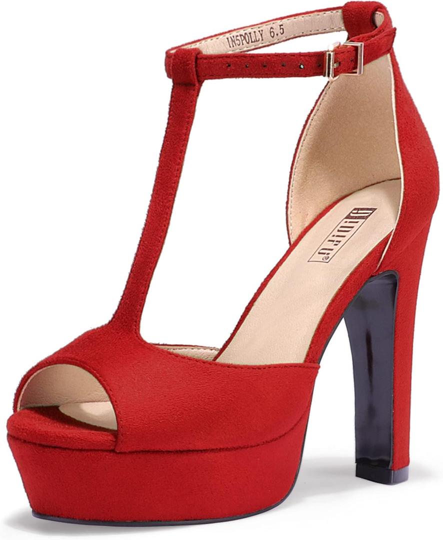 IDIFU Women's IN5 Polly Platform Chunky High Heels T-Strap Sexy Sandals Peep Toe Wedding Party Prom Dress Shoes for Women Bride (7) Red Suede 