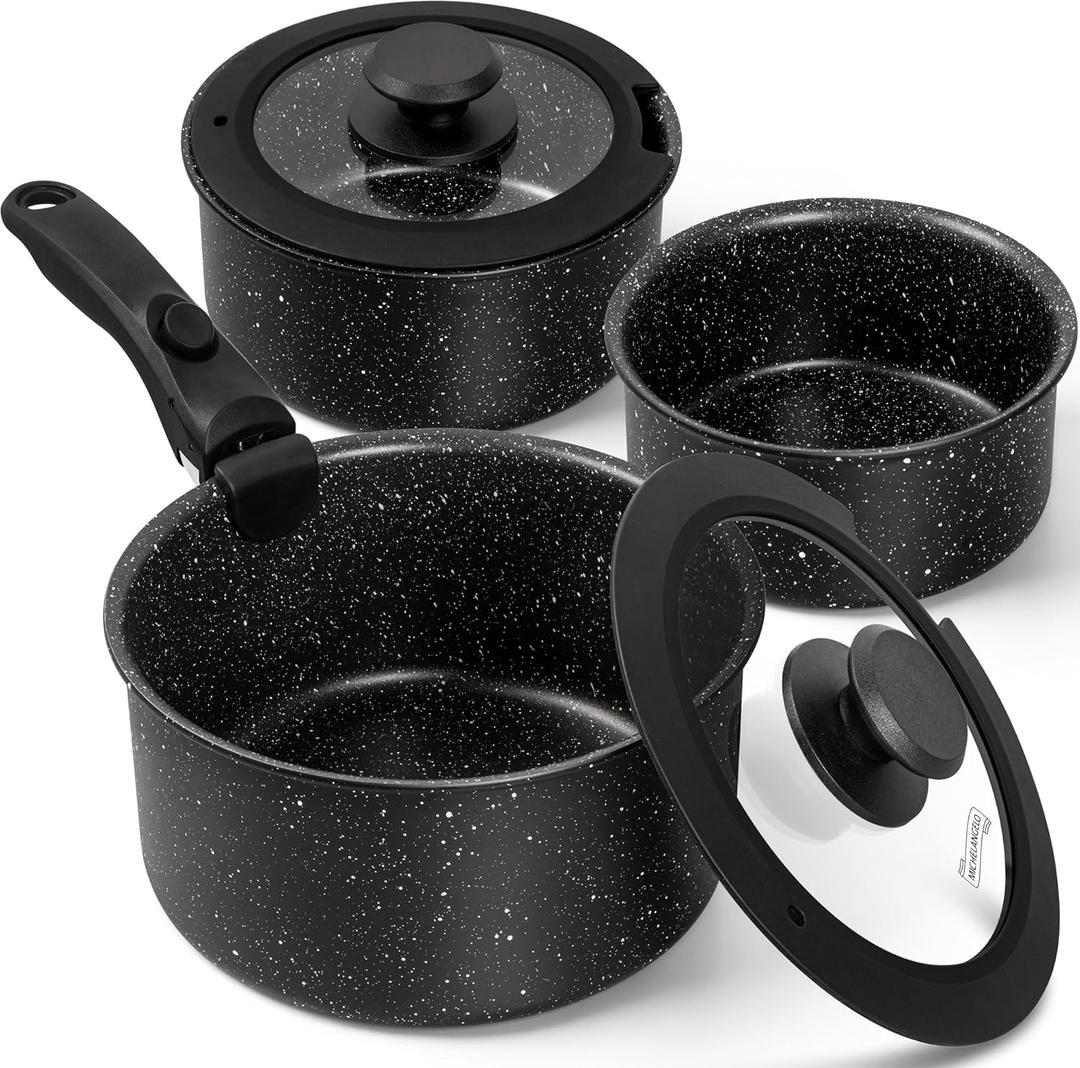 MICHELANGELO Sauce Pan Set, Nonstick 1Qt & 2 Qt & 3Qt Pots with Removable Handles, Non Toxic Saucepan Set with Detachable Handle, Stackable Pot Set for RV Camping, Oven Safe - 6 Piece, Black