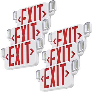 Led Combo Emergency Exit Sign Light with Two Adjustable Head Lights and Backup Battery Exit Light,US Standard Red Letter Commercial Emergency Exit Lighting,UL 924,AC120/277V (6Pack)