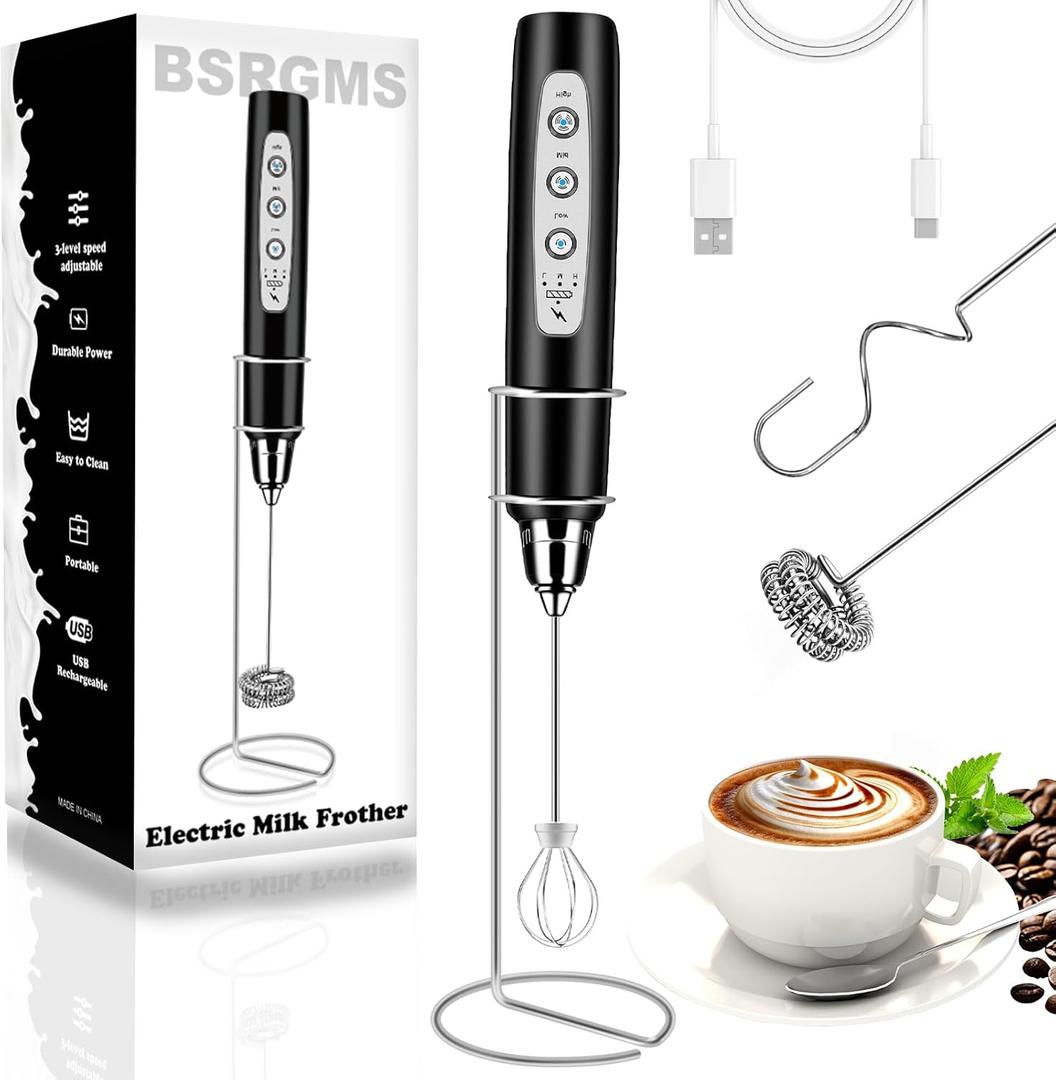 Milk Frother Handheld with Stand, Electric Whisk 3 Speed Adjustable, Drink Mixer with Stainless 3 Whisk, Rechargeable Hand Frother Wand, Foam Maker for Latte Cappuccino Hot Chocolate Egg Black