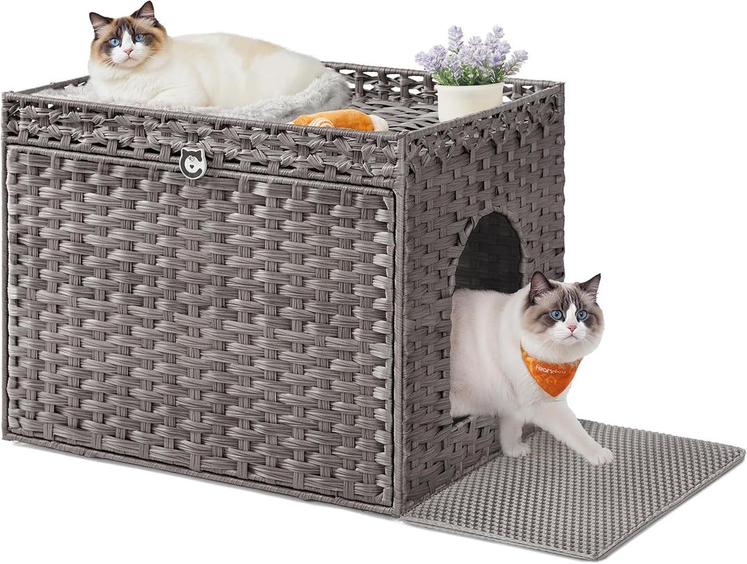 Feandrea Cat Litter Box Enclosure, Handwoven Rattan Hidden Litter Box Furniture with Extra Litter Mat, Removable Washable Tray, Boho Cat House, End Table, Dove Gray UPCL014G01