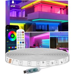 16.4FT LED Strip Lights IP68 Outdoor Waterproof, 5V USB Powered, Music Sync Bluetooth APP/RF Remote Control Lights for Balcony, Deck, Camping, Garden, Bedroom Decor