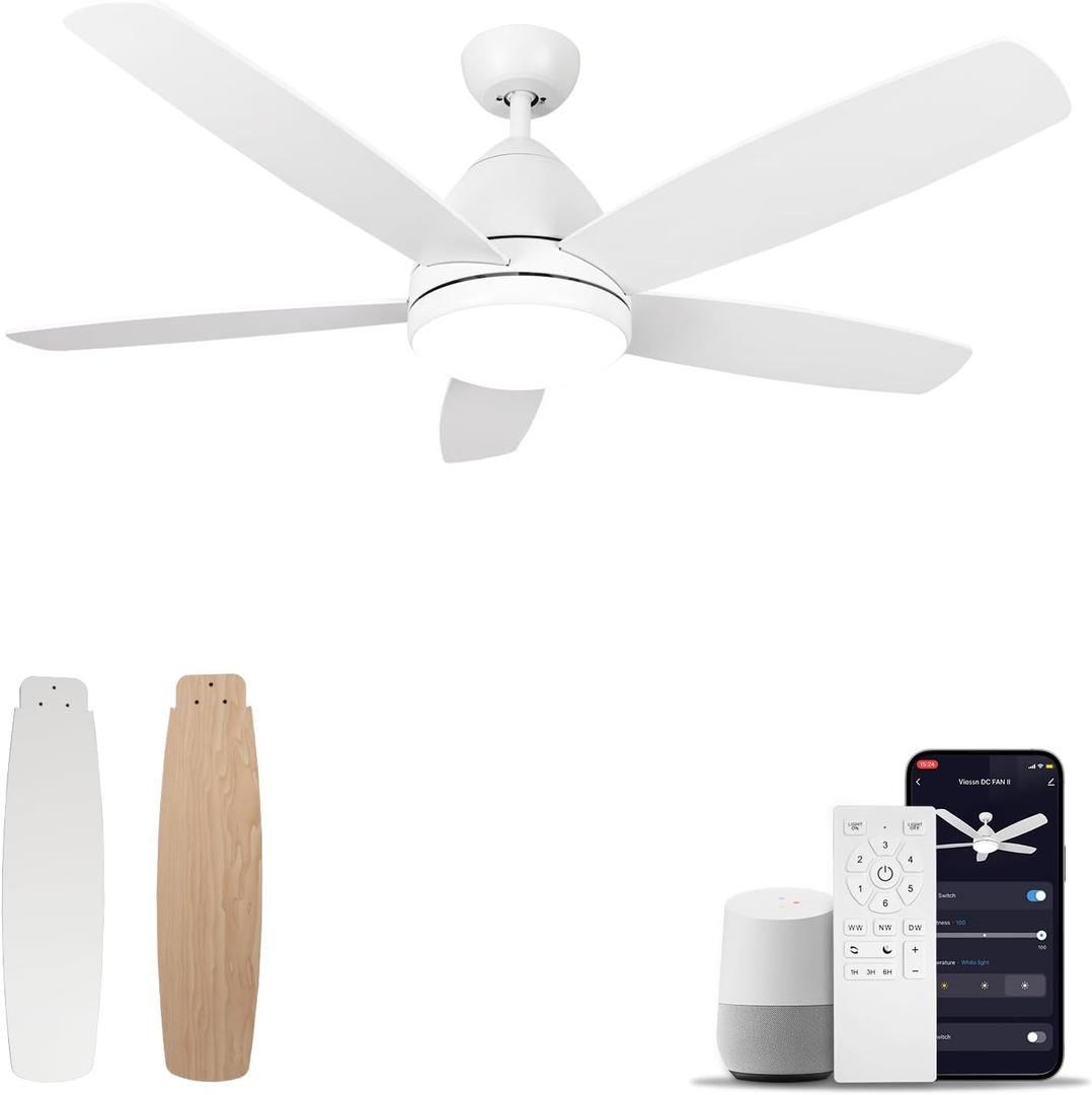 Smart White Ceiling Fan With Light, 52-Inch Modern Outdoor Ceiling Fan and Remote/App, Dimmable Tri-Color LED and Reversible Motor For Indoor Bedroom/Outdoor Covered Patio (White)