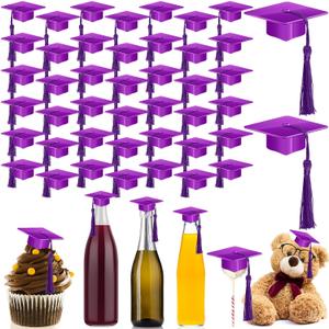 Qunclay 30 Pieces Mini Graduation Cap Black Hats with Gold Tassels Plastic Grad Cake Pops Cover Toppers for Graduation Party Decorations, Purple 