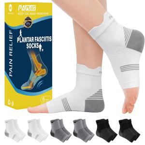 PAPLUS 6 Pairs Plantar Fasciitis Socks Women & Men - Foot Sleeve for Achilles Tendonitis Relief - Reduces Heel Spur Pain, Swelling - Ankle Brace with Arch Support for Sports Injury Recovery (Large, 2 Black+2 White+2 Gray6 pairs)