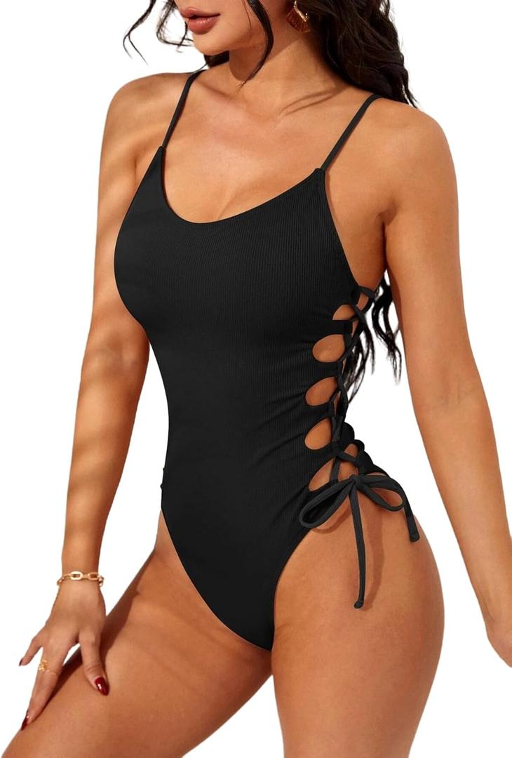Narecte One Piece Swimsuit Women Bathing Suit Sexy High Cut Women's One-Piece Swimsuits Monokini One Piece Bathing Suit (Large, Black)