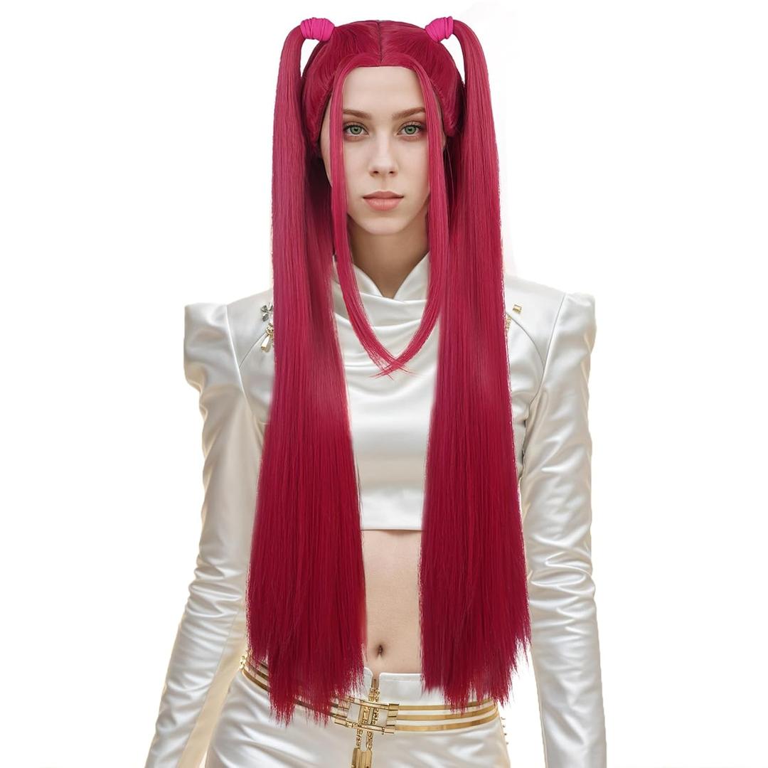 VGbeaty Adult Women Long Straight Pink Wig with 2 Ponytails Cartoon Role Funny Bangs Wig Heat Resistant Synthetic Fiber Soft Durable Breathable Cap for Halloween Costume Fancy Party