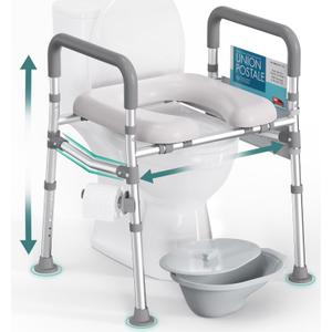 Raised Toilet Seat with Handles, FSA HSA Eligible 500lb Toilet Seat Riser for Seniors with Bedpan, Adjustable Height & Width, Handicap Elevated Toilet Seat for Elderly, Bedside, Fit Any Toilet (Grey)