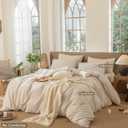 MooMee Striped Duvet Cover Set 100% Washed Cotton Linen Like Textured Breathable Durable Soft Comfy (Tannish Linen Grey White Pinstripes, King 104"x90")