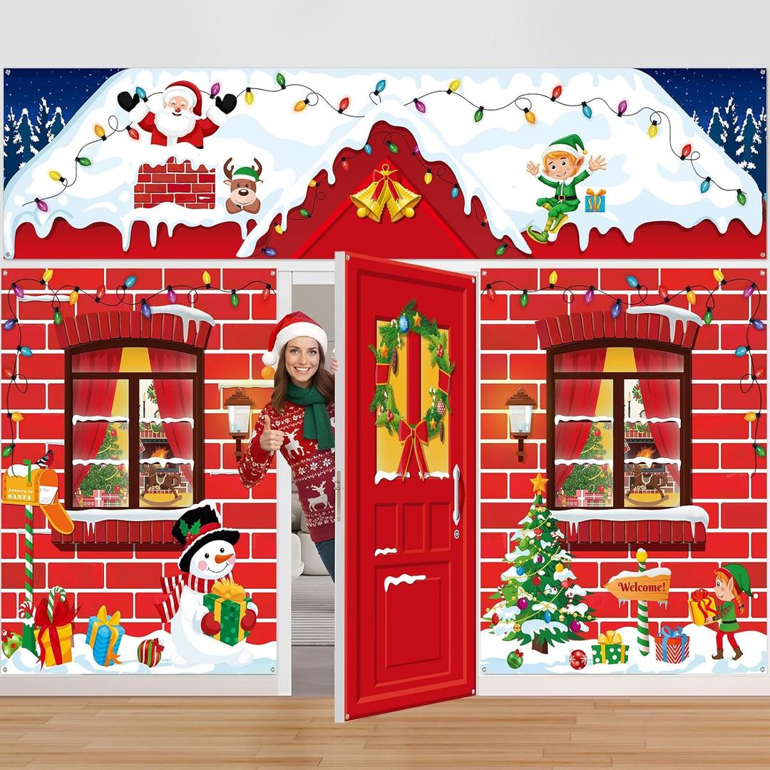 4 Pcs Christmas Door Decorations, 13 x 9 Ft, Extra Large Xmas Door Covers Porch Banners with Roof Backdrop Photography Background for Indoor Outdoor Holiday Office Home Decor(Wall)