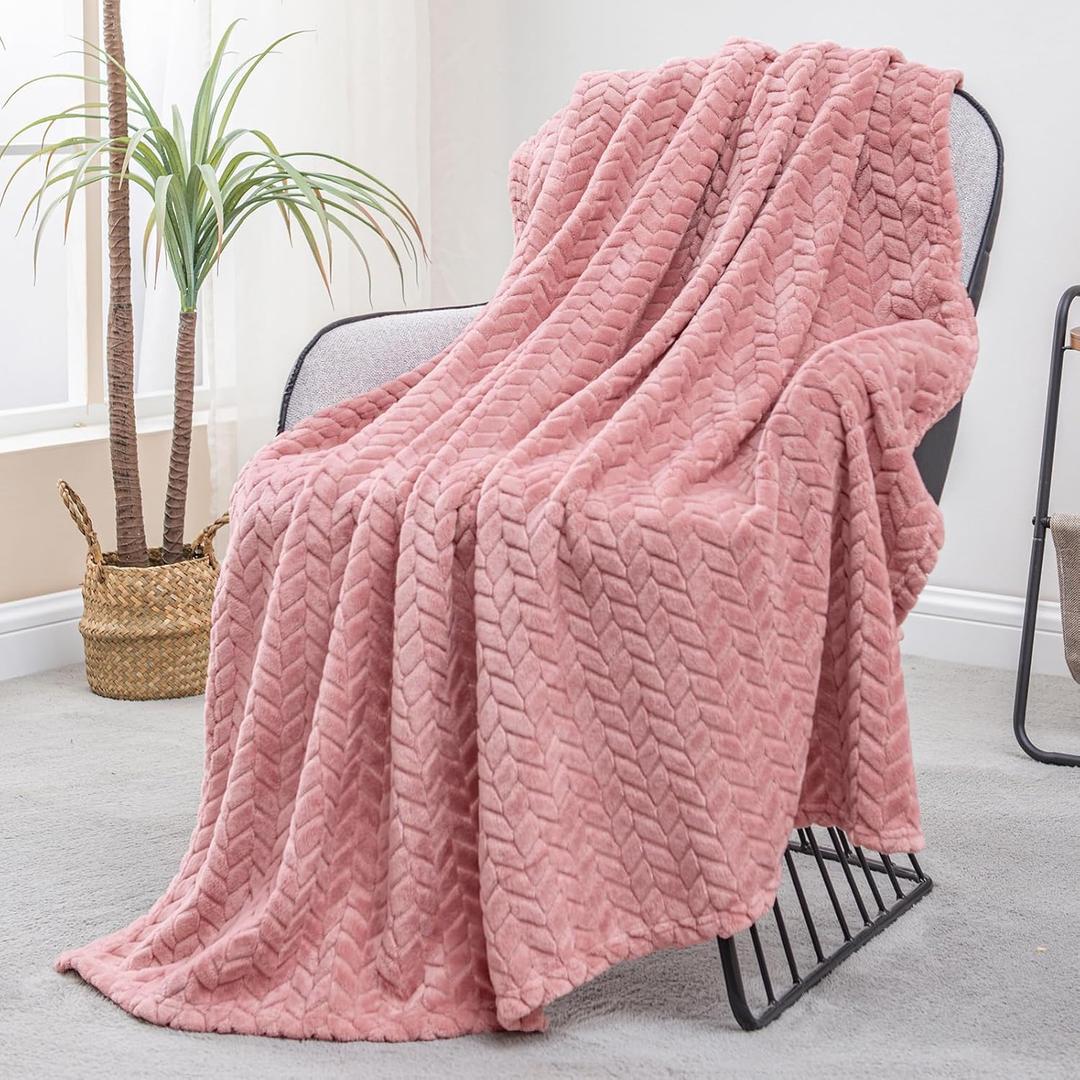 Exclusivo Mezcla Fleece Throw Blanket for Couch, 50x70 Inches Soft Cozy Jacquard Flannel Blankets, Lightweight Fuzzy Plush Warm Throws for Winter, Pink