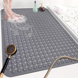 Shower Mat Non Slip: 47.2 x 31.5 Inch Extra Large TPE Shower Mats for Inside Shower - Anti Slip Shower Stall Matt with Drain Hole and Suction Cups for Elderly (Grey)