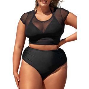 CUPSHE Women Swimsuit Plus Size Bikini Set Three Piece High Waisted Sheer Mesh Top Halter Ruched Bottom (Black)