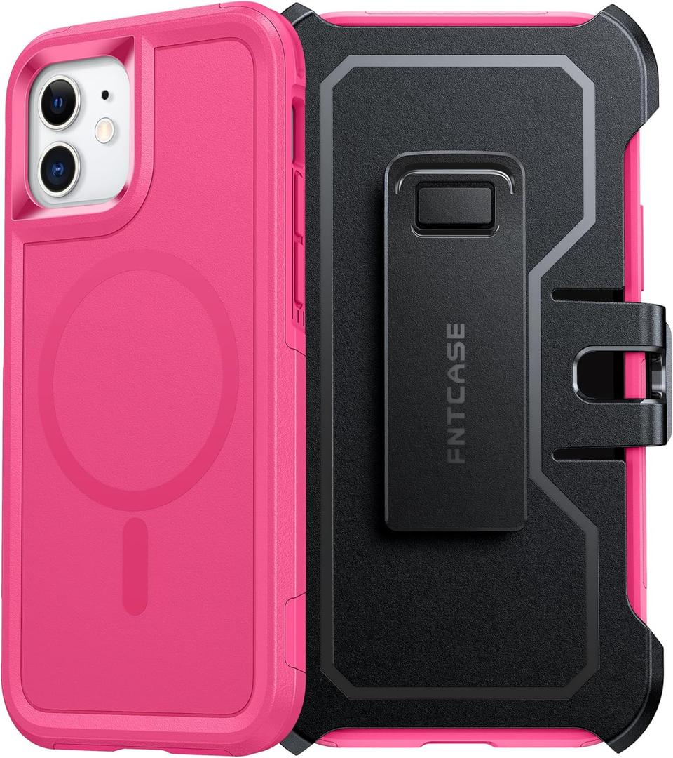 FNTCASE for iPhone 12 Magnet Case: Magnetic Dual Layer Protective Cell Phone Cover with Belt-Clip Holster | Military Grade Drop Proof Protection Durable Non Slip Textured Back Phonecase (Hot Pink)