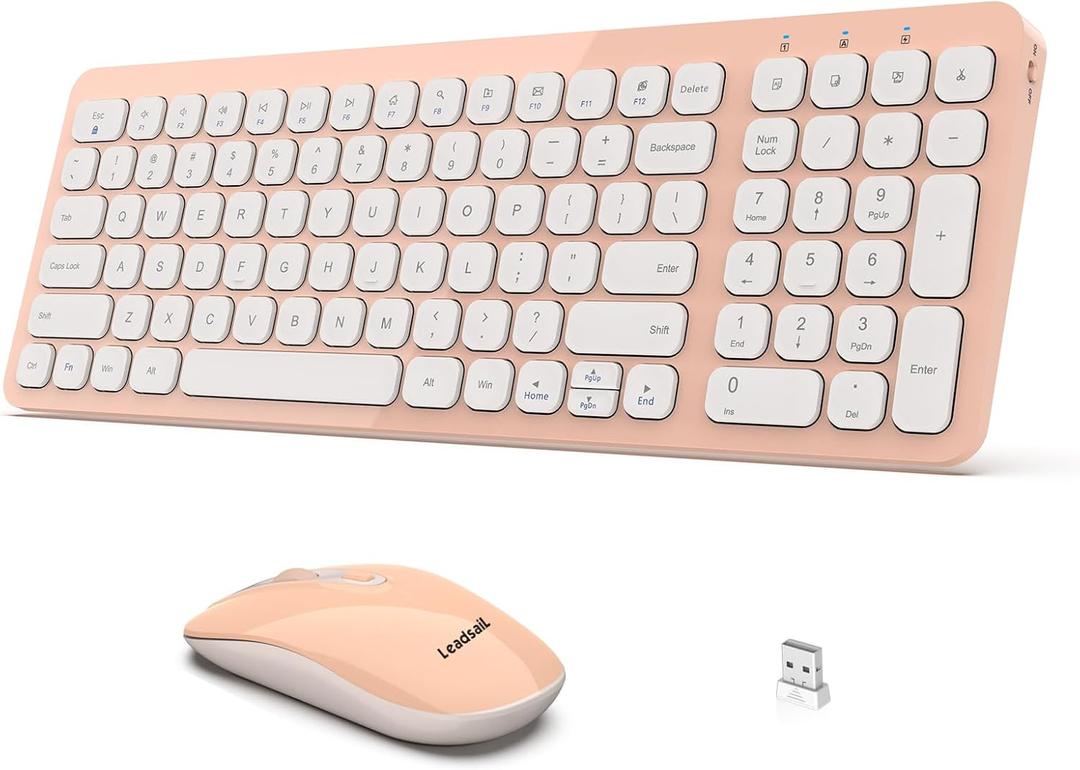 LeadsaiL Wireless Keyboard and Mouse Combo, Ergonomic Wireless Mouse and Keyboard Set for Computer, Compact and Silent Mouse and Keyboard for Laptop, Desktop, PC, Pink