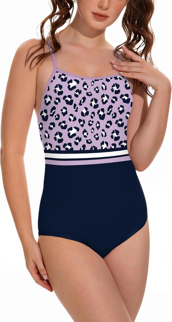 Beautikini Period Swimwear - One Piece Bathing Suit Menstrual Leakproof Swimsuit for Teen Girls and Women Purple Print Large