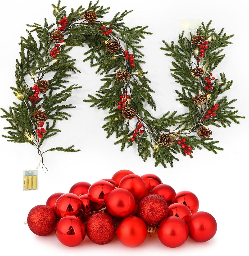 6.5 FT Christmas Garland with Pinecones, 24 Red Xmas Ornaments, 78.7inch LED Lights Without Battery for Christmas Home Bedroom Wedding Party Mantle Table Centerpiece Decoration