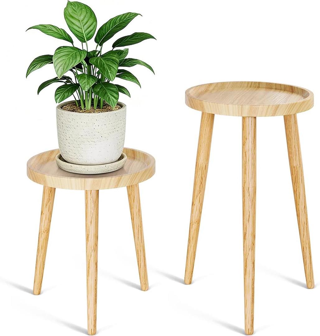 Plant Stand Indoor 2 Pack, Wood Mid Century Indoor Plant Stand, Tall Plant Stands for Flower Pot, Round Plant Table Side End Table With Raised Design, Natural Wood, 11.7"x18.8" & 11.7"x13"