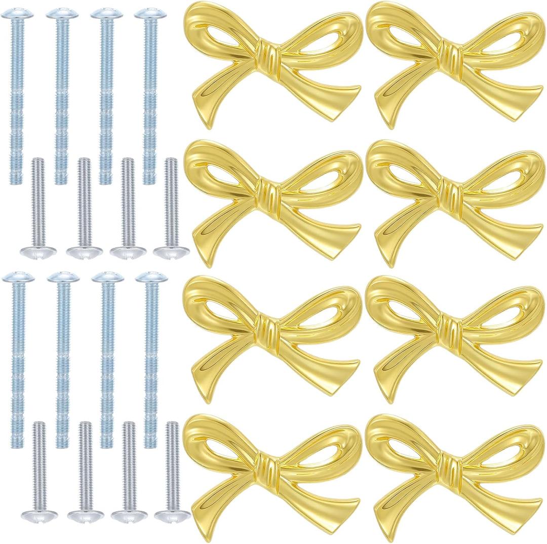 8 Pcs Gold Bow Knobs, Gold Bow Dresser Knobs Vintage Brass Bow-Shaped Drawer Pulls with Screws for Dresser, Cabinet, Cupboard, Wardrob, Drawer