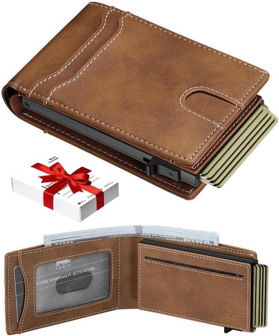 furid Card Wallet For Men Slim: Smart Rfid Minimalist Front Pocket Pop Up Wallet with ID Window - Gifts for Husband Father at Birthday Anniversary