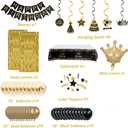 Black & Gold Birthday Decorations Set for Men- Happy Birthday Party Supplies with Banner, Hanging Swirls, Tablecloth, Cake Toppers and Balloons Arch for Graduation Decor