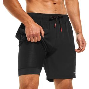 HODOSPORTS Mens 7" Swim Trunks with Compression Liner S-6XL Quick Dry Swimming Shorts Zipper Pockets Swimsuits (Black, S)