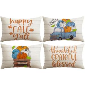 Pack of 2 Artscope Fall Decorative Throw Pillow Covers 12x20 Inch Set of 4, Happy Fall Pumpkin Truck Thankful Grateful Blessed Outdoor Farmhouse Pillow Cases for Home Sofa Couch-Orange Beige