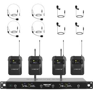Phenyx Pro Wireless Microphone System, 4-Channel Wireless Mic Set w/ 4 Bodypacks and Headsets/Lapel Mics, 4x25 UHF Frequencies, 200ft Coverage, Cordless Microphone for Singing, Church (PTU-5200-4B)