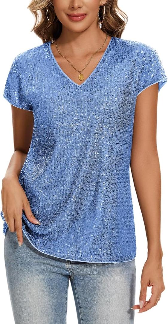MINTLIMIT Womens Full Sequin Tops Glitter Party Shirt Cap Sleeve Sparkle Blouses V-Neck Loose Summer Shimmer Tunic Shirts XL