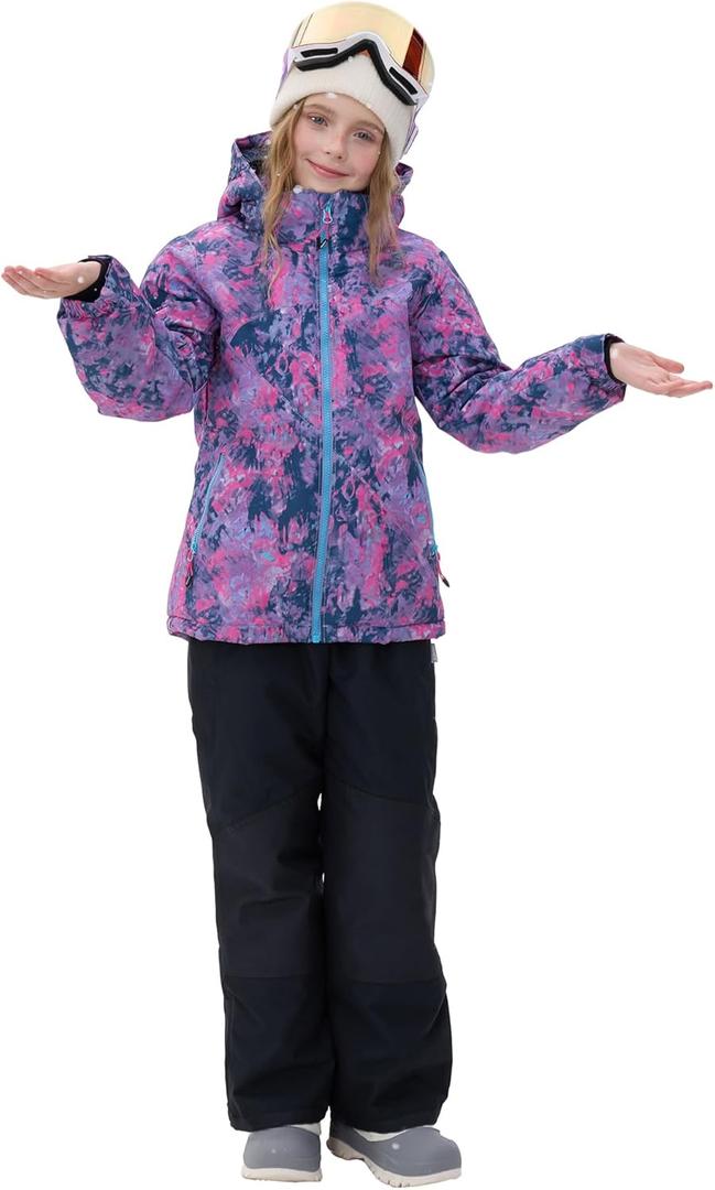 Girls Boys Ski Suit Kids Snowsuits Waterproof Snowboard Elastic Hood Jacket with Bib Pants, Windproof Winter Warmth (8-9 Years, Kaleidosc Pink)