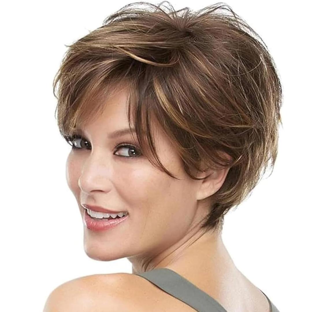 QUEENTAS Short Wigs for White Women Bob Brown Pixie Cut Wig Realistic Synthetic Brunette Wig with Bangs for Daily(Brown Mixed Blonde)