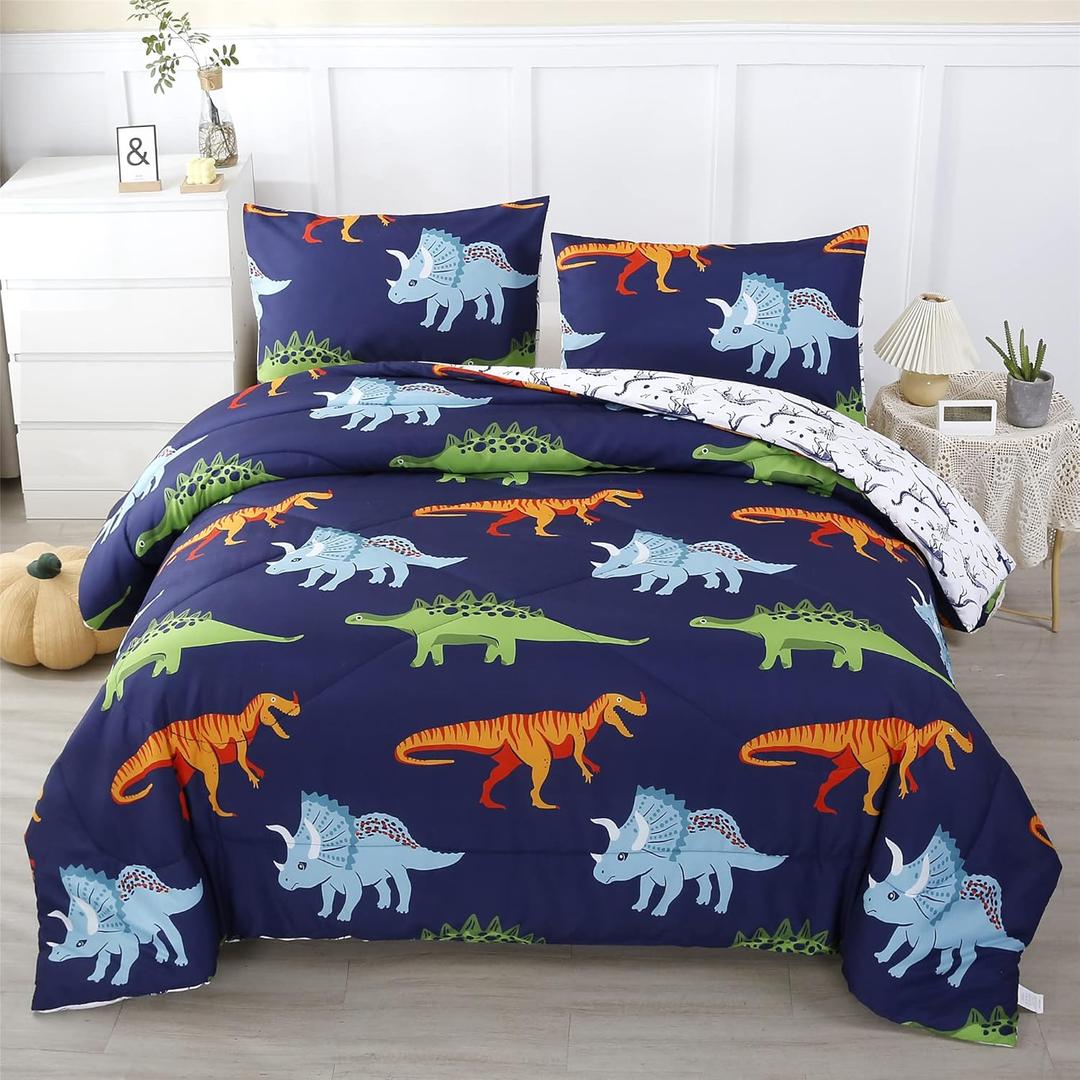 RYNGHIPY Cartoon Dinosaur Comforter Set, Dark Blue Dinosaur Kids Bedding Set for Boys, Dinosaurs Print Comforter Sets for Kids/Toddlers/Teens (Dinosaur,Queen)