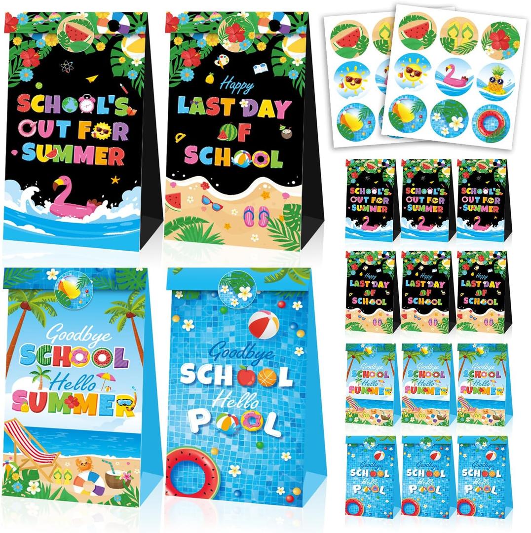 tineit End of Year Party Decorations Summer Bags with Stickers 24pcs School's Out for Summer Paper Gift Bags for Classroom Party, End of School Treats, Pool & Beach Theme Supplies