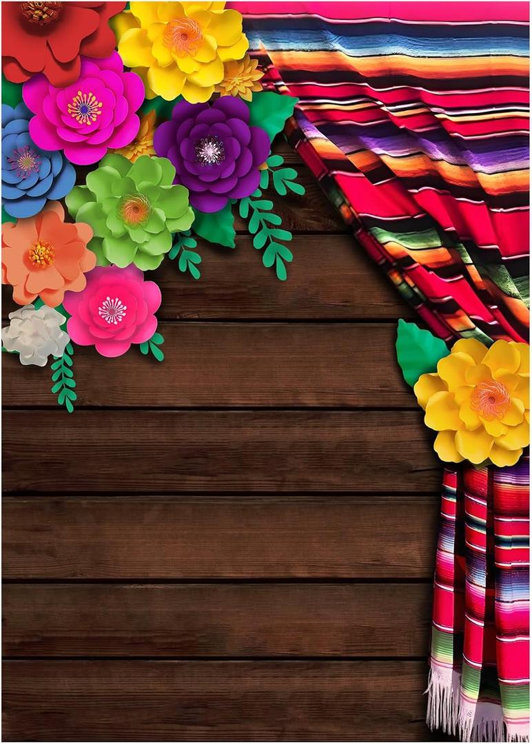 Peryiter 8x5ft Mexican Fiesta Backdrop for Party Mexican Theme Photography Backdrop Cinco De Mayo Decorations Flowers Wood Grain Photo Props for Background Decoration Baby Shower Party Supplies