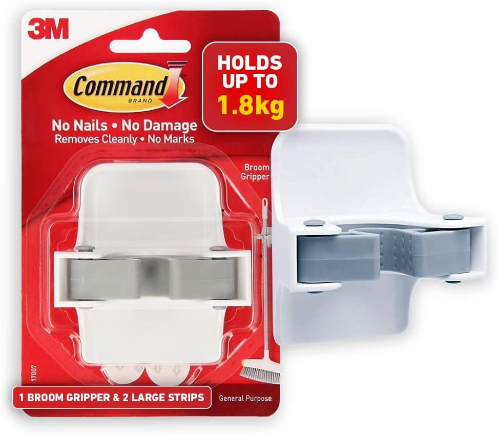Command Broom and Mop Grippers Wall Hook, Damage Free Hanging Wall Mount Broom and Mop Holder, No Tools Household Cleaning Organizer for Living Spaces, 1 Hanger and 2 Command Strips