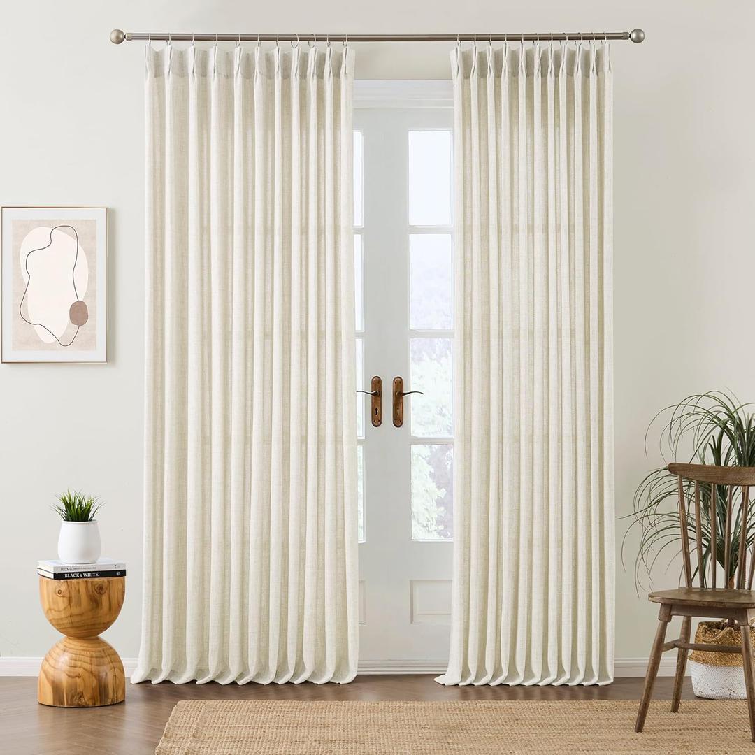 Natural Pinch Pleated Curtains 105 Inches Long Set of 2, Linen Drapes Back Tab with Hooks,Light Filtering Window Curtain Panels for Living Room 70 Width 105 Length