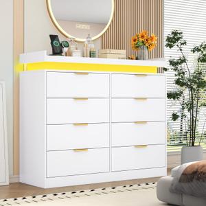 knoworld 8 Drawer Dressers for Bedroom, White Dresser with LED Lights and Power Outlet, Wood LED Dresser, Double Wide Modern Chest of Drawers for Bedroom, Entryway, Hallway