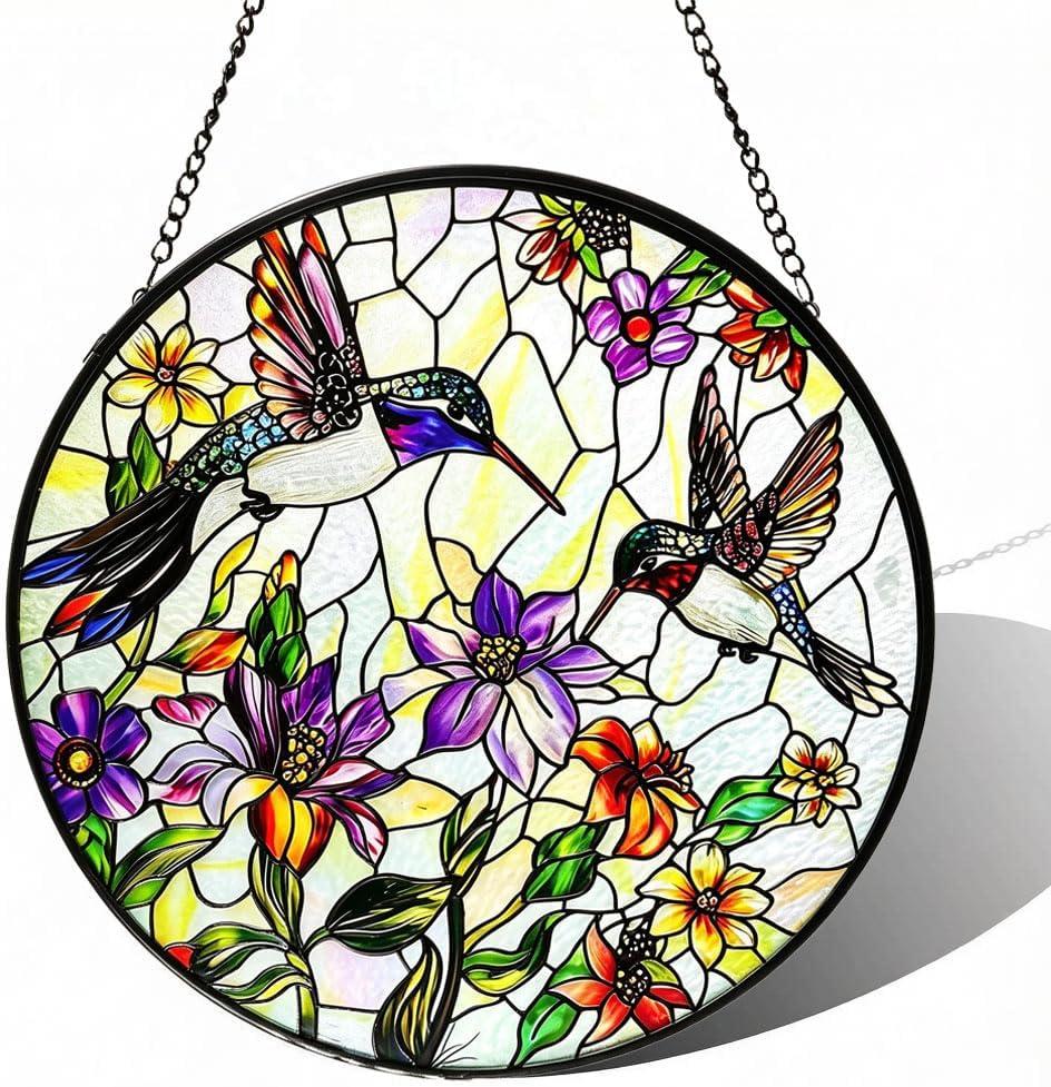 Hummingbird Sun Catcher Stained Glass Window Hanging - Wildflower and Bird Suncatchers for Windows Stained Glass Suncatcher6.3 inch