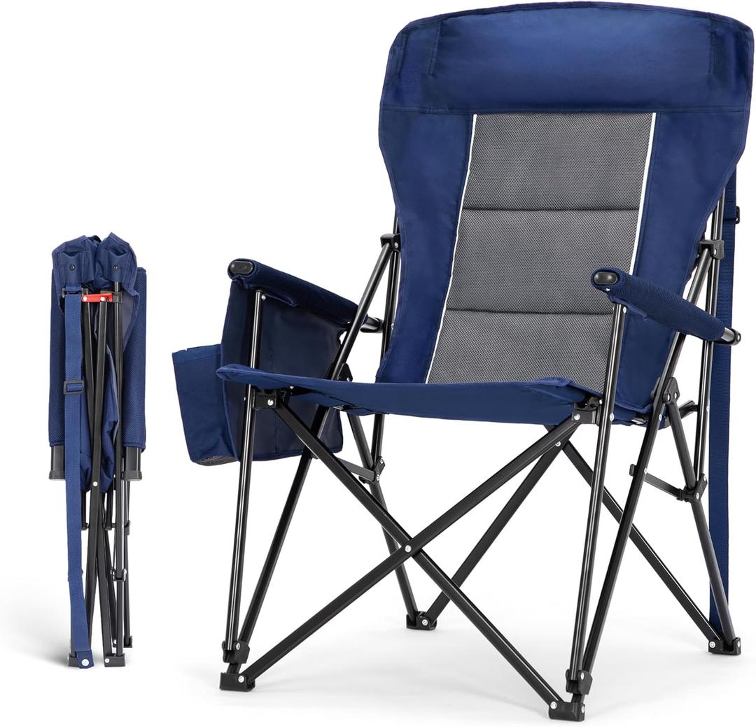 HIGH POINT SPORTS Oversized Camping Chairs for Adults, High Back Heavy Duty Lawn Folding Chair Support 500LBS, Padded Portable Outdoor Chair with Cup Holder, Blue (Single Pack)