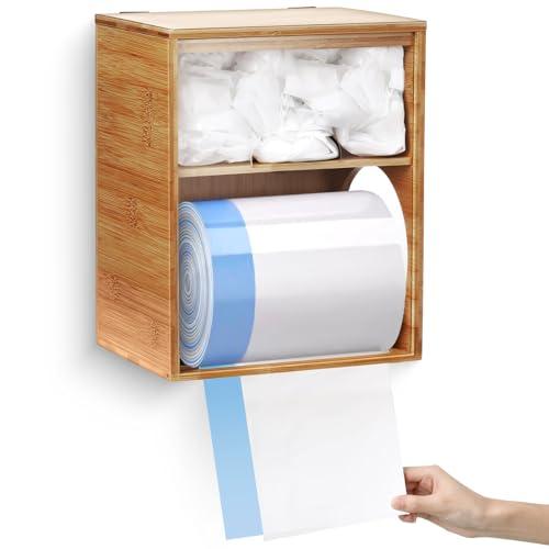 Ripeng Trash Bag Holder Dispenser Extra Large 2 in 1 Bamboo Grocery Garbage Bag Holder Plastic Trash Dispenser Roll Storage Organizer Wall Mount for Kitchen Laundry Room Under Sink