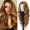 HMHIFI Long Brown Mixed Blonde Wigs for Women Highlights Blonde Wig Natural Middle Part Synthetic Curly Hair Heat Resistant Fiber Hair Replacement Wigs for Daily Party (26'')