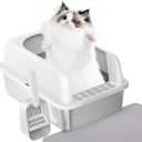 Prodigen Stainless Steel Cat Litter Box with Lid High Wall Sides Enclosure, Non-Sticky, Anti-Leakage, Easy Cleaning, with Cat Mat & Metal Scoop, 19.6" L x 14" W x 12" H