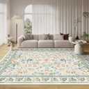 Washable Boho Area Rug 8'10' Beige Green Pink Boho Large Living Room Rug Floral Non-Slip Colorful Indoor Decor Soft Oriental Vintage Bedroom Carpet Dining Room Nursery Home Office