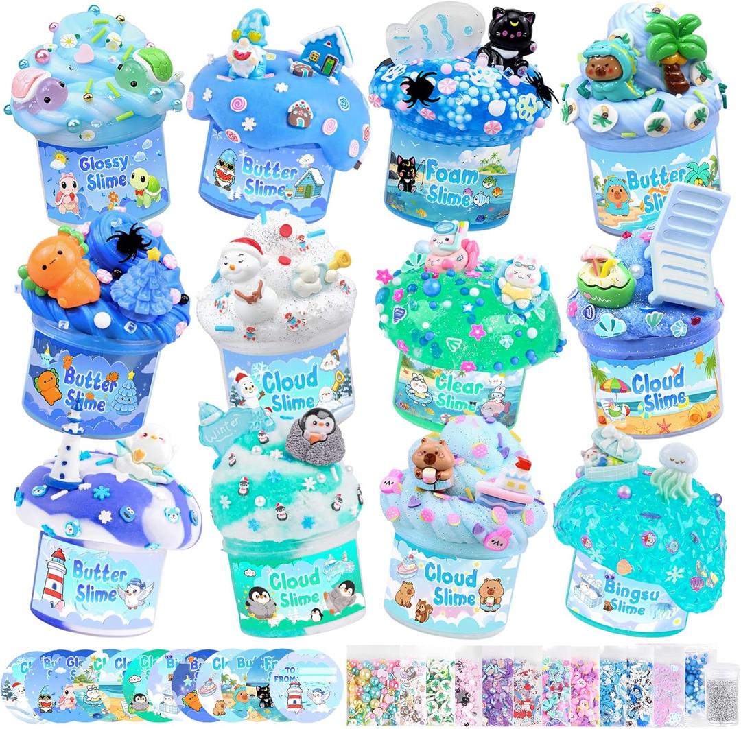 12 Pack Slimes, Blue Slime Kit, Clear Butter Slimes Cloud Slimes Fluffy DIY Kit for Girls Boys, Slime Party Favors Goodie Bag Easter Basket Stuffers, 4 5 6 7 8 9 10 Year Old Birthday Gift Cute Stuff