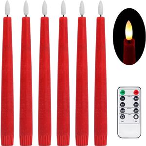 Red Real Wax LED Flameless Taper Candles with Remote and Timer, 9.65 Inch Flameless Candlesticks, Dripless Battery Operated Candles with 3D Flickering Flame - Set of 6