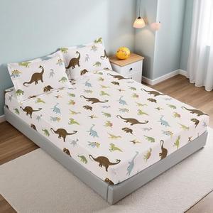 MAG 3PCS White Dinosaur Queen Size Bedding Sheet Sets Included 1*Fitted Sheet and 2 Pilow case for Kids, Boys and Girls (Queen, White)