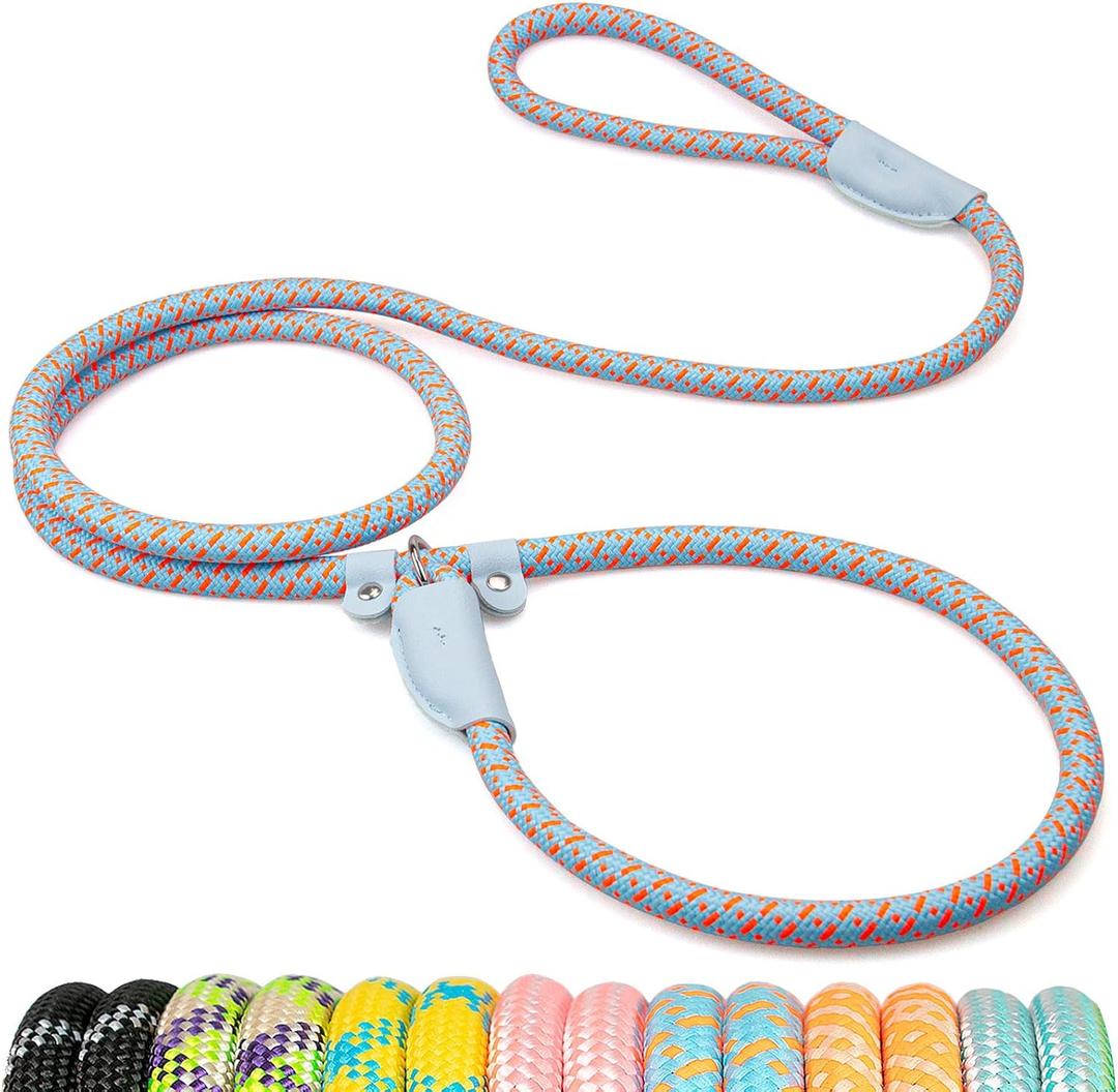 Durable Slip Leads for Dogs, Heavy Duty Strong Rope Slip Leash for Large, Medium Dogs No Pull Training Leashes (Blue with Orange Dots, 3/8" x 6 FT (0~30 lbs.))